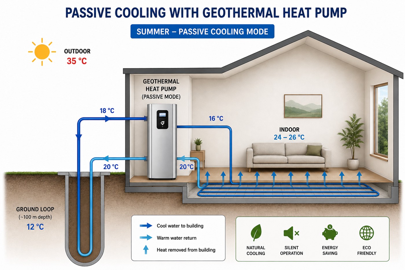 Schéma : refroidissement passif avec une pompe à chaleur géothermique — l'eau fraîche de la boucle au sol à 12 °C rafraîchit la maison en été