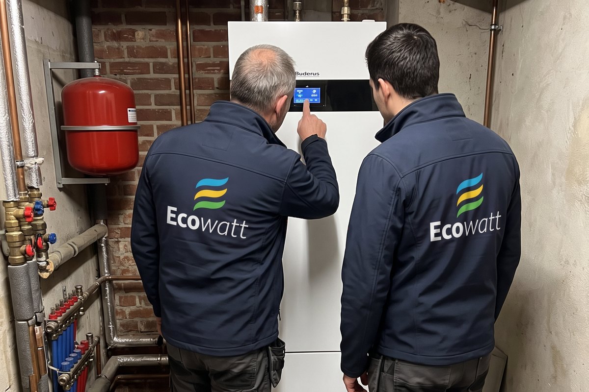 Ecowatt: two technicians in front of a heat pump